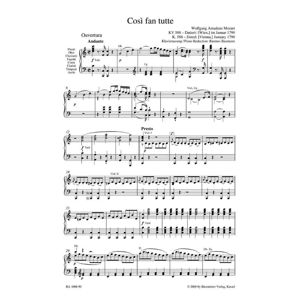 Mozart Wa Cosi Fan Tutte Kv 588 Klavierauszug Vocal Score Soft Cover By Barenreiter - 