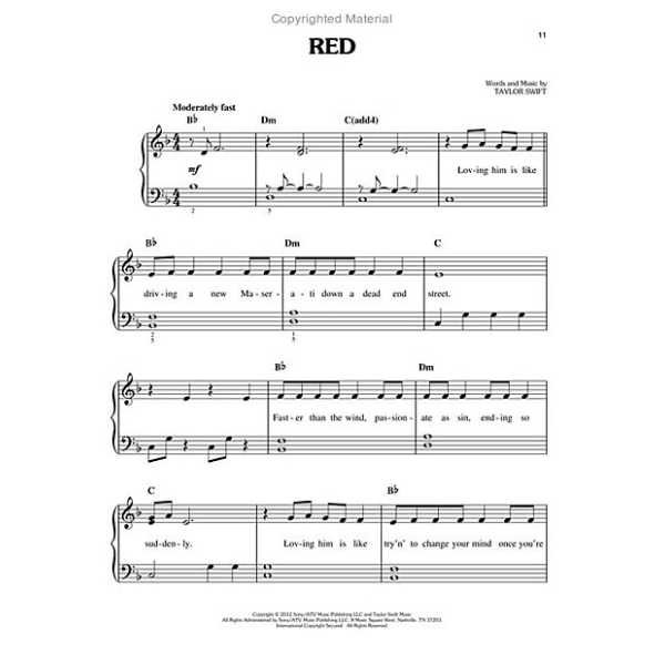 Hal Leonard Taylor Swift Red For Easy Piano